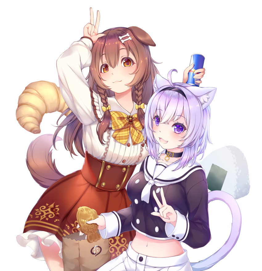 2girls :3 animal_ears black_choker blush bone_hair_ornament can cartoon_bone cat_ears cat_girl cat_tail chocolate_cornet choker collar cowboy_shot dog_ears dog_girl dog_tail food highres hololive inugami_korone looking_at_viewer midriff multiple_girls navel nekomata_okayu neyubi onigiri red_bull smile tail taiyaki virtual_youtuber w wagashi