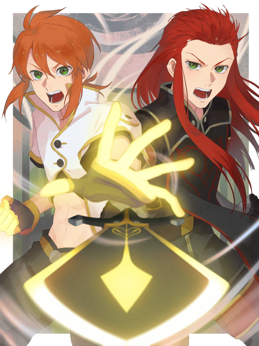 2boys abs asch_(tales) belt black_pants black_shirt border brown_gloves buttons commentary_request cowboy_shot cropped_shirt fingerless_gloves foreshortening gloves glowing glowing_hand glowing_sword glowing_weapon green_eyes hair_pulled_back high_collar highres holding holding_sword holding_weapon jacket long_hair looking_at_viewer luke_fon_fabre male_focus meba military_uniform multiple_boys open_mouth outside_border outstretched_arm outstretched_hand pants popped_collar redhead shirt short_hair shoulder_pads sidelocks spiky_hair sword tabard tales_of_(series) tales_of_the_abyss uniform weapon white_border white_jacket