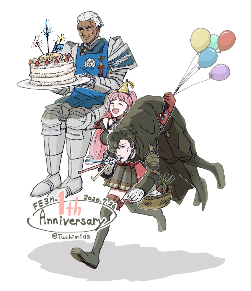 1girl 2boys anniversary apron armor balloon black_hair cake closed_eyes closed_mouth copyright_name dark_skin dark_skinned_male dated dedue_molinaro dress fire_emblem fire_emblem:_three_houses food gloves grey_hair hair_over_one_eye hat highres hilda_valentine_goneril holding holding_plate hubert_von_vestra long_hair long_sleeves multiple_boys open_mouth party_hat party_whistle pink_hair plate ponytail red_gloves short_hair simple_background smile tuchimids twitter_username white_background white_gloves