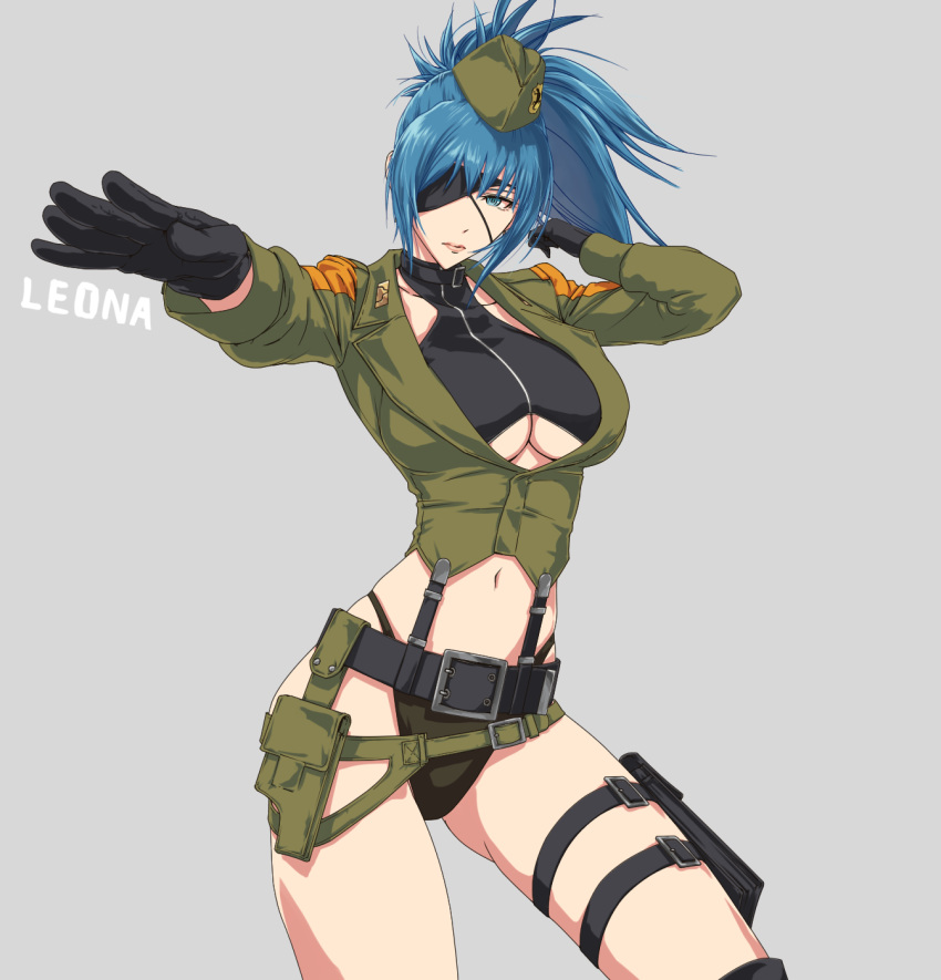 1girl bangs blue_eyes blue_hair breasts character_name earrings eyepatch gloves hat highres holster jewelry l.g_(greenforce1) leona_heidern military navel patch ponytail snk snk_heroines:_tag_team_frenzy soldier strap the_king_of_fighters thighs thong under_boob