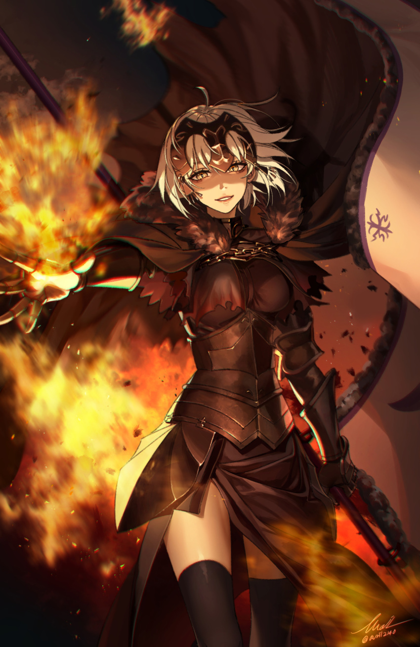 1girl 2020 armor armored_dress avril214 bangs banner black_dress black_legwear breasts breasts_apart dress fate/grand_order fate_(series) fire floating_hair gauntlets grin hair_between_eyes headpiece highres holding jeanne_d'arc_(alter)_(fate) jeanne_d'arc_(fate)_(all) looking_at_viewer medium_breasts outstretched_hand shiny shiny_legwear shiny_skin short_hair side_slit signature silver_hair smile solo standing thigh-highs twitter_username yellow_eyes