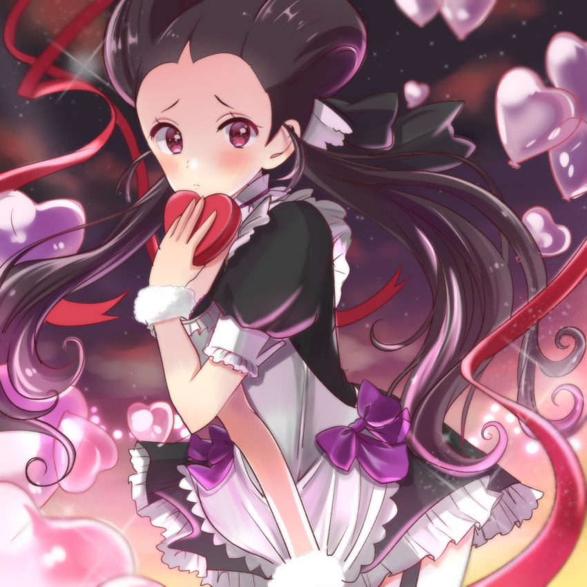 1girl balloon blush bow do--love double_bun dress_bow frills heart highres holding_heart looking_at_viewer maid pokemon purple_bow red_eyes red_ribbon ribbon short_sleeves skirt_hold solo standing tsutsuji_(pokemon) twintails wrist_cuffs