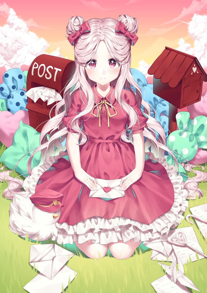 1girl absurdres animal bangs bird blush bow breasts candy candy_wrapper character_request closed_mouth clouds cloudy_sky cookie_run double_bun dress ellet_j food frills grass hair_bow hair_ornament heart heart_pillow heart_print highres holding holding_letter huge_filesize long_hair mailbox_(incoming_mail) neck_ribbon on_grass orange_sky origami paper paper_crane parted_bangs pillow pink_bow polka_dot post postbox_(outgoing_mail) puffy_short_sleeves puffy_sleeves red_dress red_eyes red_headwear red_sky ribbon short_sleeves silver_hair sitting sky solo very_long_hair white_hair yellow_ribbon