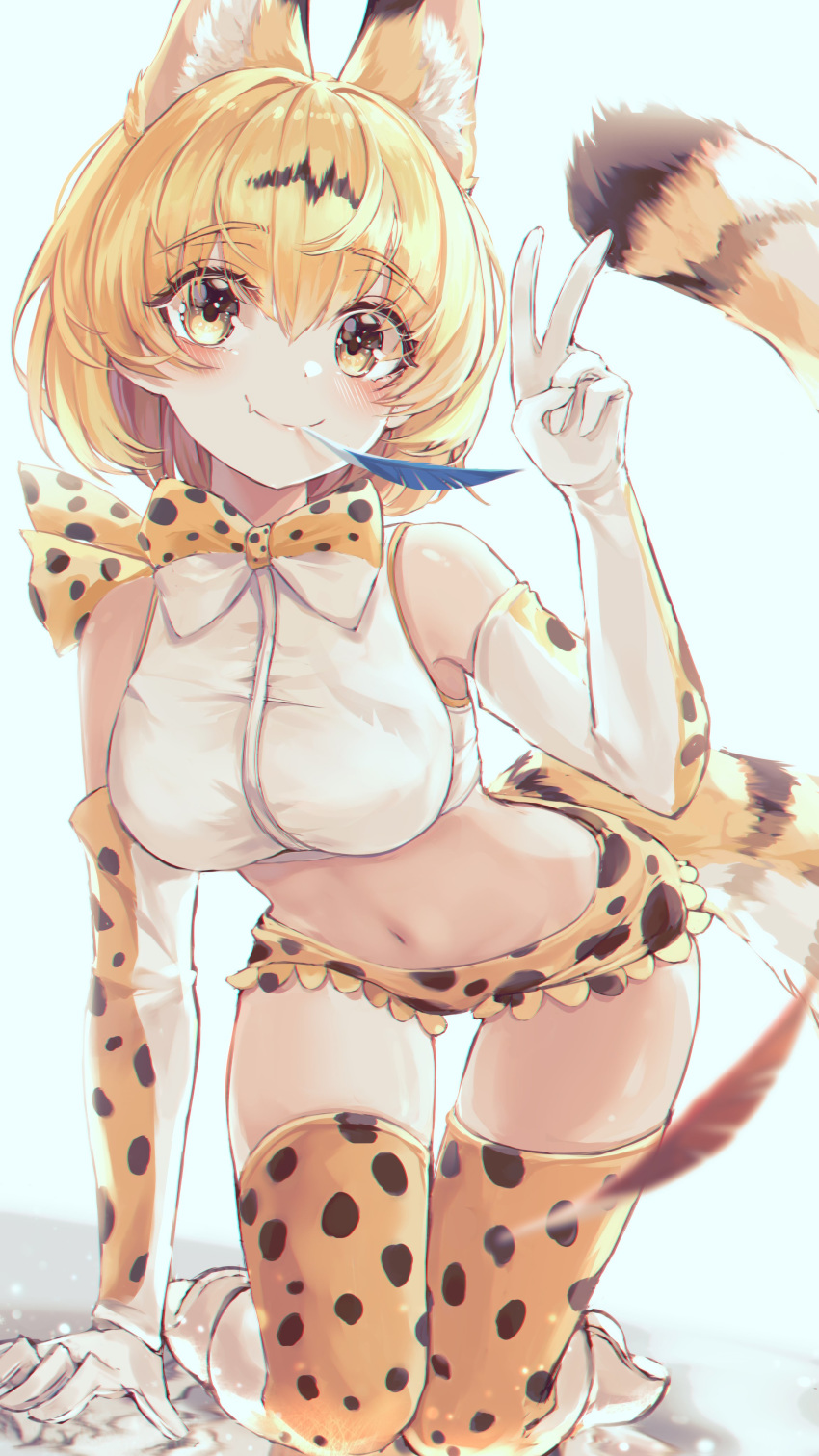 1girl absurdres adapted_costume animal_ears bare_shoulders bbeedol blonde_hair bow bowtie breasts crop_top elbow_gloves fang feathers gloves hand_up highres kemono_friends kneeling large_breasts leaning_forward looking_at_viewer micro_shorts midriff mouth_hold navel serval_(kemono_friends) serval_ears serval_print serval_tail shirt short_hair shorts sleeveless sleeveless_shirt smile solo stomach tail thigh-highs thigh_gap thighs v white_background white_gloves white_shirt yellow_eyes
