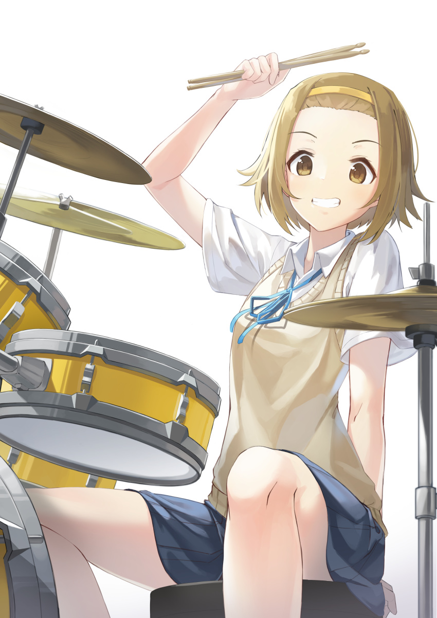 1girl :d absurdres arm_up bad_id bad_pixiv_id black_skirt blue_neckwear blue_ribbon brown_eyes brown_hair collared_shirt drum drum_set drumsticks feet_out_of_frame forehead grin hairband highres holding huge_filesize instrument k-on! kimyo looking_at_viewer miniskirt neck_ribbon open_mouth revision ribbon school_uniform shirt short_hair short_sleeves simple_background sitting skirt smile solo stool sweater_vest tainaka_ritsu teeth white_background white_shirt wing_collar yellow_hairband