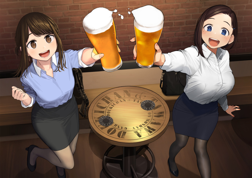 1girl :d alcohol bangs beer blue_shirt blue_skirt blush borrowed_character breasts brown_eyes brown_hair collaboration cup dress_shirt earrings ganbare_douki-chan getsuyoubi_no_tawawa hair_ornament hairclip highres himura_kiseki holding holding_cup jewelry kouhai-chan_(tawawa) large_breasts looking_at_viewer mole mole_under_eye office_lady office_lady_(yomu_(sgt_epper)) open_mouth pantyhose pencil_skirt shirt short_hair sidelocks skirt smile stitched third-party_edit tied_hair yomu_(sgt_epper)