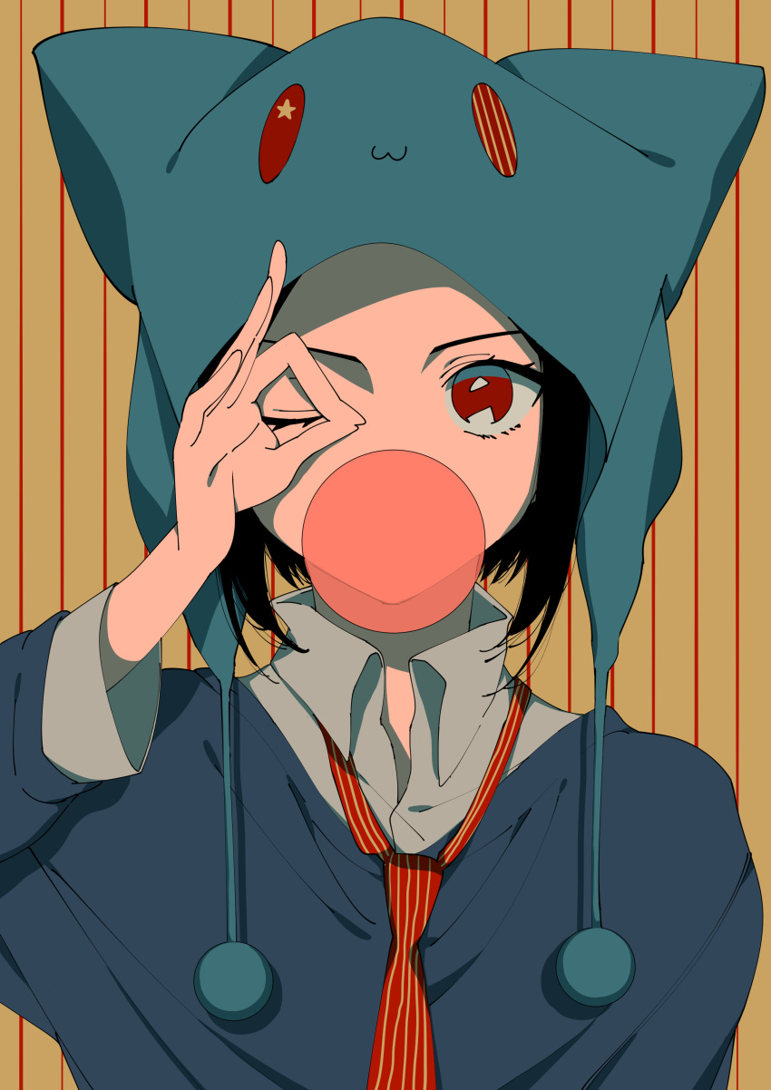 1girl absurdres animal_hat black_hair bubble_blowing cat_hat chewing_gum hand_over_eye hat highres naomato ok_sign one_eye_closed original red_eyes shirt short_hair simple_background solo striped striped_neckwear sweater
