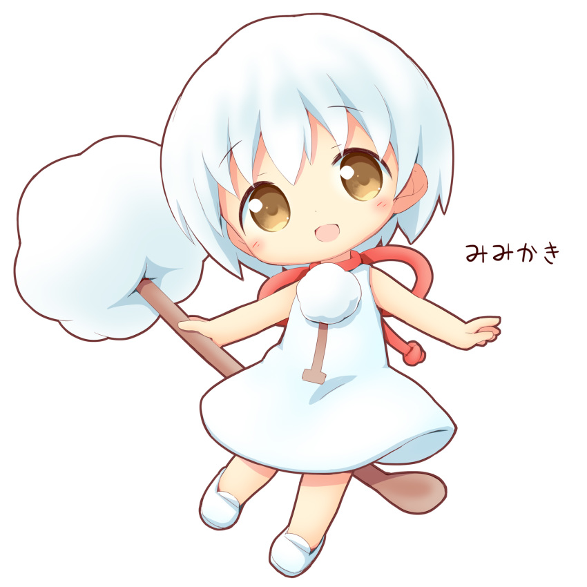 1girl aikei_ake bangs bare_arms bare_shoulders brown_eyes chibi dress eyebrows_visible_through_hair full_body highres mimikaki original personification shoes simple_background sleeveless sleeveless_dress solo translation_request white_background white_dress white_footwear white_hair