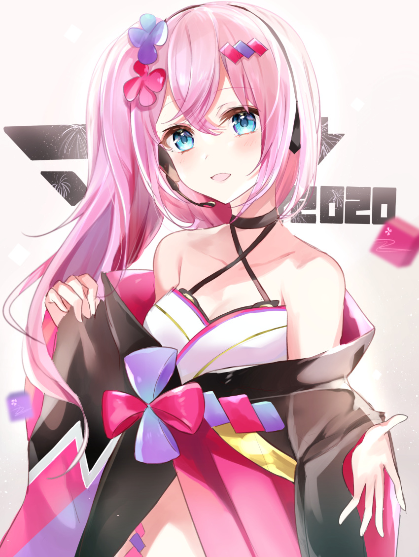 1girl 2020 absurdres bare_shoulders black_kimono blue_eyes collarbone criss-cross_halter flower hair_flower hair_ornament halterneck headphones headset highres japanese_clothes kimono light_blush light_smile long_hair looking_at_viewer magical_mirai_(vocaloid) megurine_luka midriff open_mouth outstretched_hand pink_hair ponytail reaching_out solo tsukasa_(pixiv34617881) upper_body vocaloid