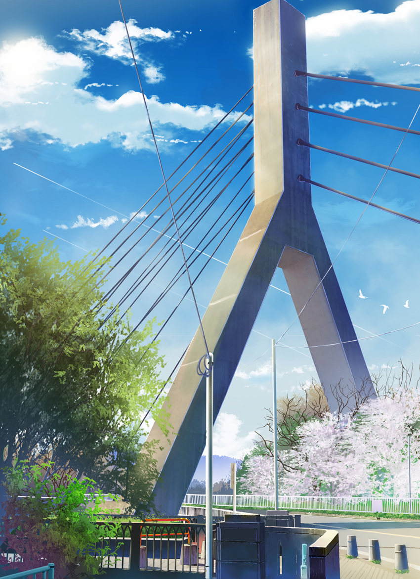 bird blue_sky bridge bush cherry_blossoms clouds condensation_trail day highres hill kamo_nasus. leaf no_humans original outdoors power_lines railing road road_sign rural scenery sidewalk sign sky spring_(season) tower tree tree_branch