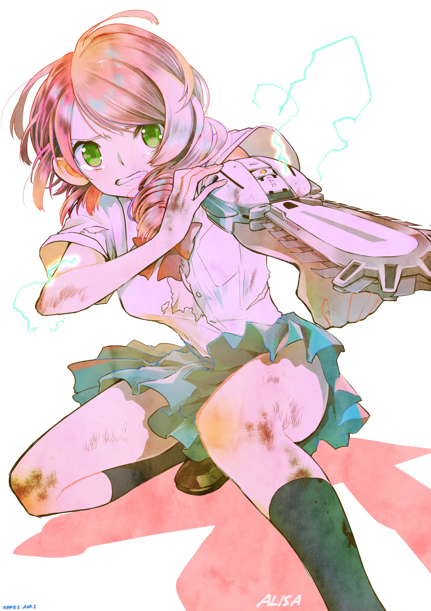 1girl absurdres alisa_boskonovich alternate_costume android arm_blade asymmetrical_hair bared_teeth blue_skirt breasts bruise chainsaw character_name commentary_request crying crying_with_eyes_open drill_hair electricity fighting_stance green_eyes highres injury loafers medium_breasts multicolored_hair no_bra pink_hair pleated_skirt raion. school_uniform shirt shoes short_sleeves skirt socks solo squatting tears tekken torn_clothes torn_shirt two-tone_hair weapon