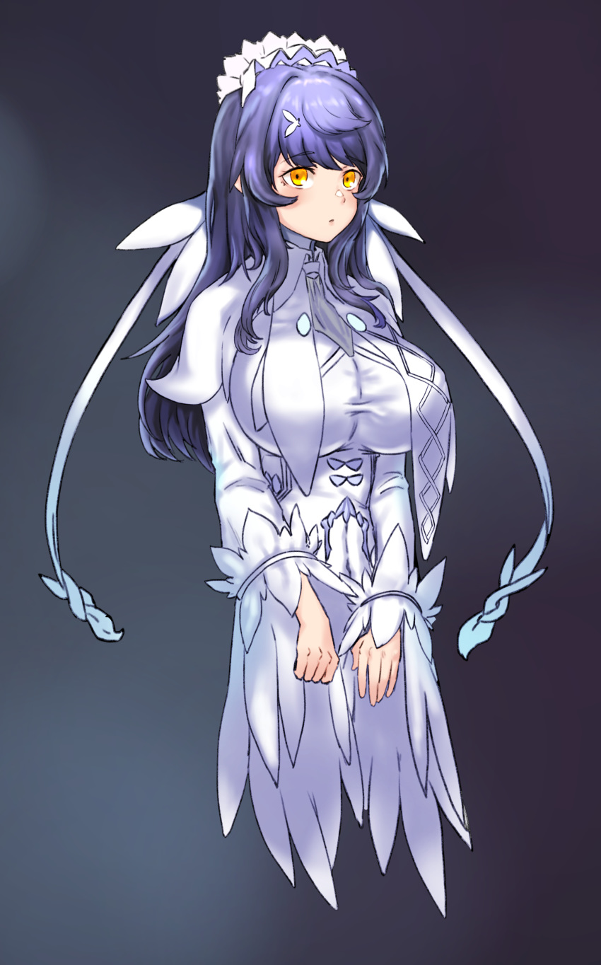 1girl absurdres artpatient bangs blue_hair blush breasts dress eyebrows_visible_through_hair highres huge_breasts impossible_clothes impossible_dress last_origin long_hair looking_at_viewer snow_feather solo white_dress yellow_eyes