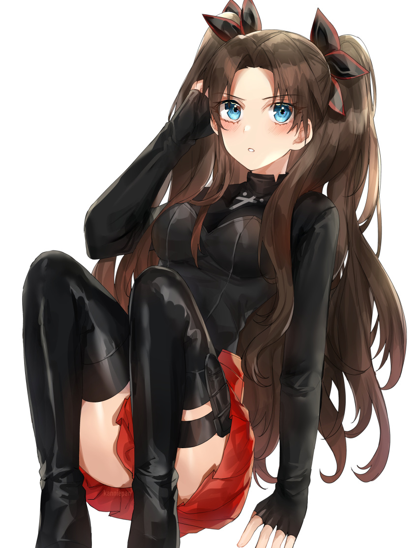 1girl absurdres artist_name ass bangs black_bodysuit black_footwear black_gloves black_legwear black_ribbon blue_eyes blush bodysuit boots breasts brown_hair commentary corset cross_print eyebrows_visible_through_hair fate/extra fate/extra_record fate_(series) feet_out_of_frame fingerless_gloves gloves hair_ribbon hand_in_hair hand_up highres kanniepan knees_up long_hair long_sleeves looking_at_viewer parted_bangs parted_lips pleated_skirt red_skirt ribbon simple_background skirt solo thigh-highs thigh_boots thigh_strap tohsaka_rin two_side_up very_long_hair watermark white_background