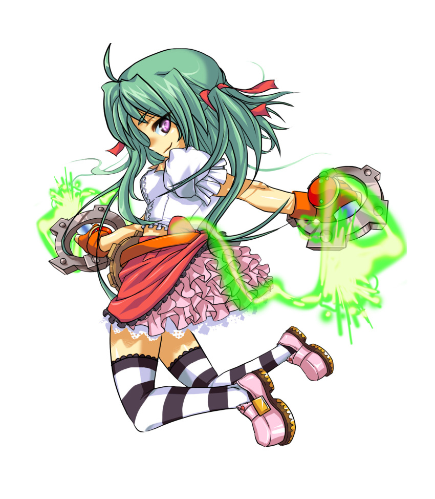 1girl dual_wielding electricity green_hair hikaru_(mini_fighter) knife looking_at_viewer mini_fighter official_art pink_ribbon pink_shoes pink_skirt side_view skirt smile solo striped_legwear thigh-highs twintails violet_eyes