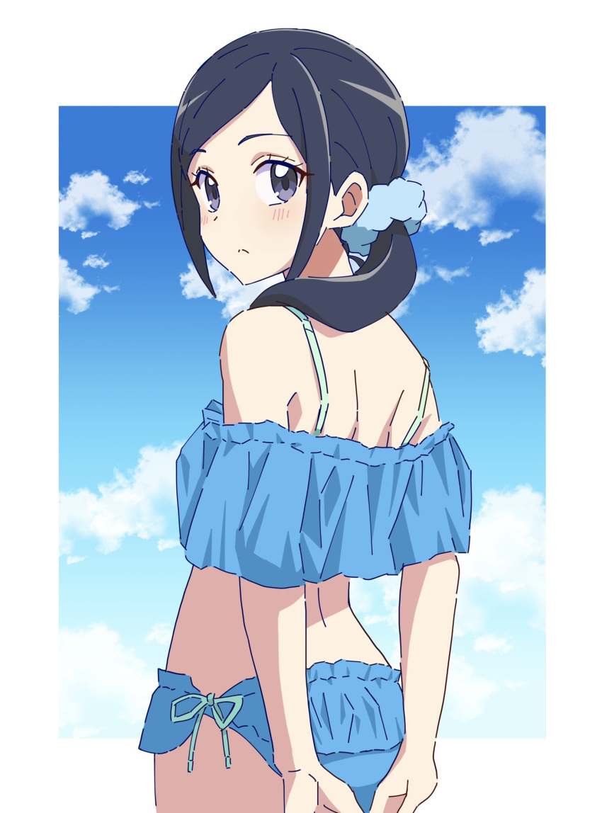 1girl arms_behind_back bikini blue_bikini blue_eyes blue_hair blush character_request clouds copyright_request frilled_bikini frills frown highres kousuke0912 looking_at_viewer looking_back ponytail scrunchie side-tie_bikini sky solo swimsuit