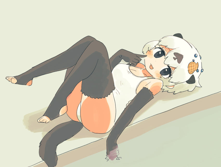 1girl :3 adapted_costume animal_ears bare_shoulders black_gloves black_legwear blue_eyes blush californian_sea_otter_(kemono_friends) commentary_request elbow_gloves extra_ears gloves hasu_(zatsugami) highres kemono_friends looking_at_viewer lying on_back one-piece_swimsuit otter_ears otter_tail seashell_hair_ornament short_hair sleeveless solo stirrup_legwear swimsuit tail thigh-highs toeless_legwear white_hair white_swimsuit