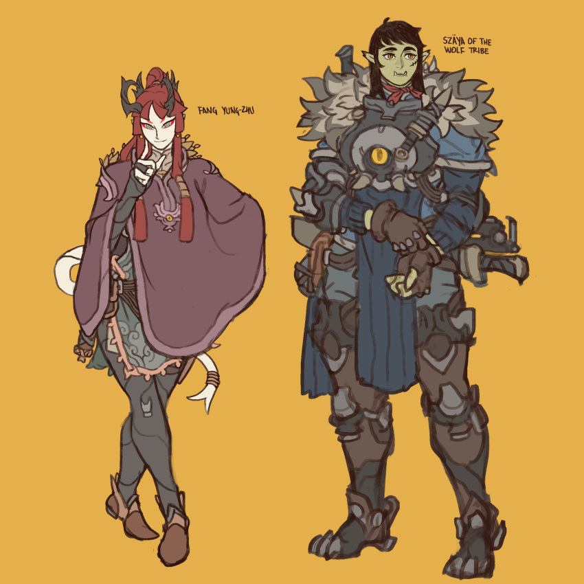 2girls absurdres armor arthur_asa breasts brown_gloves character_name cloak closed_mouth dagger dungeons_and_dragons earrings eyeshadow facial_scar fingerless_gloves fur_trim gloves greaves green_skin highres horns jewelry long_hair makeup medium_hair multiple_girls orc original pouch red_eyeshadow scabbard scar sheath sheathed simple_background sketch smile standing sword tail tusks vambraces weapon yellow_background