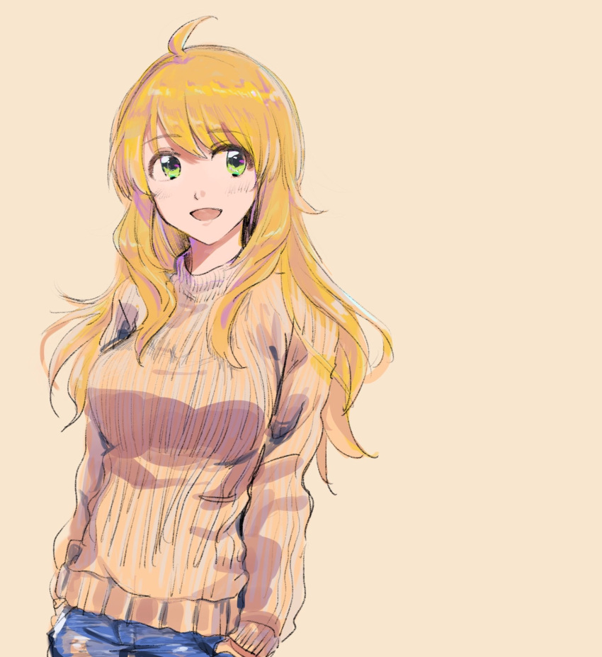 1girl ahoge blonde_hair green_eyes hands_in_pockets highres hoshii_miki idolmaster idolmaster_(classic) izu_(mikirdgn) long_hair long_sleeves open_mouth simple_background smile solo sweater