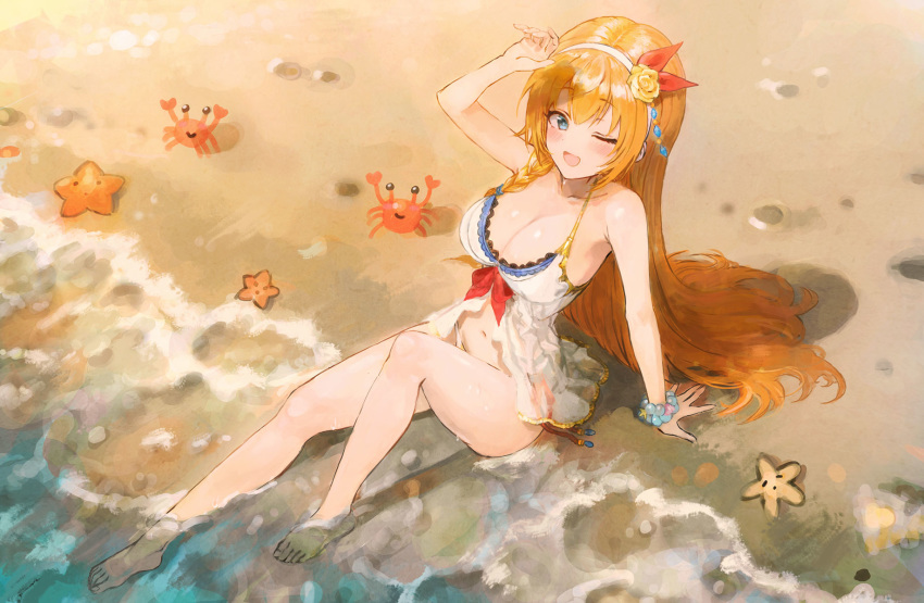 1girl ;d barefoot bead_bracelet beads bow bracelet breasts crab day flower from_above full_body hair_flower hair_ornament hairband hand_up highres jewelry large_breasts long_hair navel one_eye_closed open_mouth orange_hair outdoors pecorine princess_connect! princess_connect!_re:dive red_bow sitting smile solo sonchi starfish swimsuit water white_hairband