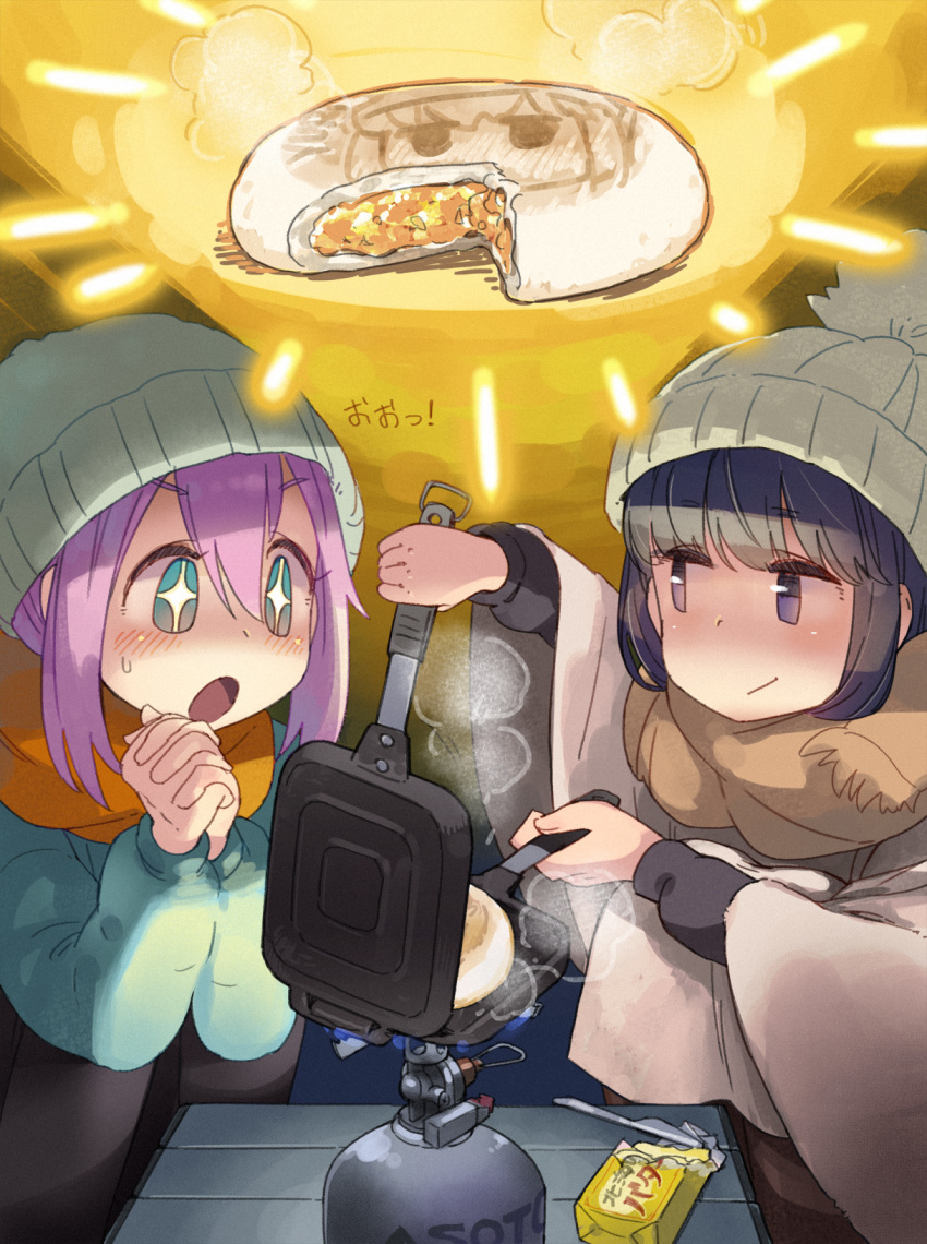 2girls beanie blush butter butter_knife camping commentary_request cooking food hat highres kagamihara_nadeshiko minawa multiple_girls portable_stove scarf shima_rin smirk sparkling_eyes sweatdrop translated yurucamp