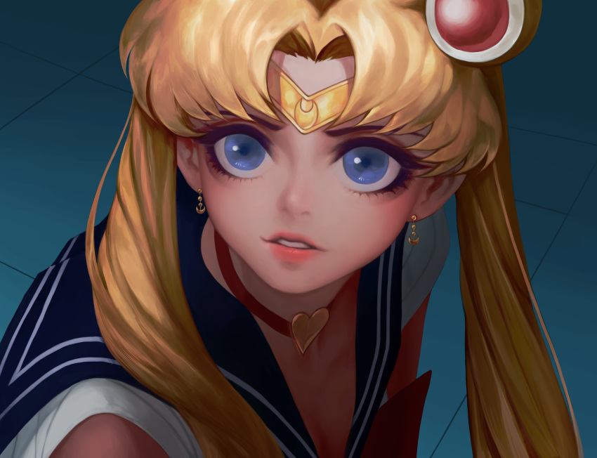 1girl bishoujo_senshi_sailor_moon blonde_hair blue_eyes choker circlet collarbone earrings heart heart_choker highres jewelry long_hair parted_lips pink_lips red_choker sailor_moon sailor_moon_redraw_challenge solo tsukino_usagi twintails yoons