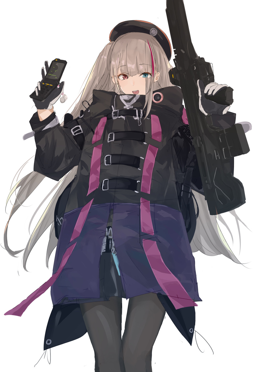 1girl black_legwear blue_background cellphone commentary_request desert_tech_mdr eyebrows_visible_through_hair flip_phone girls_frontline gloves gun heterochromia highres holding holding_weapon long_hair looking_at_viewer mdr_(girls_frontline) multicolored_hair open_mouth pantyhose phone pink_eyes platinum_blonde_hair redhead rotalasp signature solo weapon white_background white_gloves