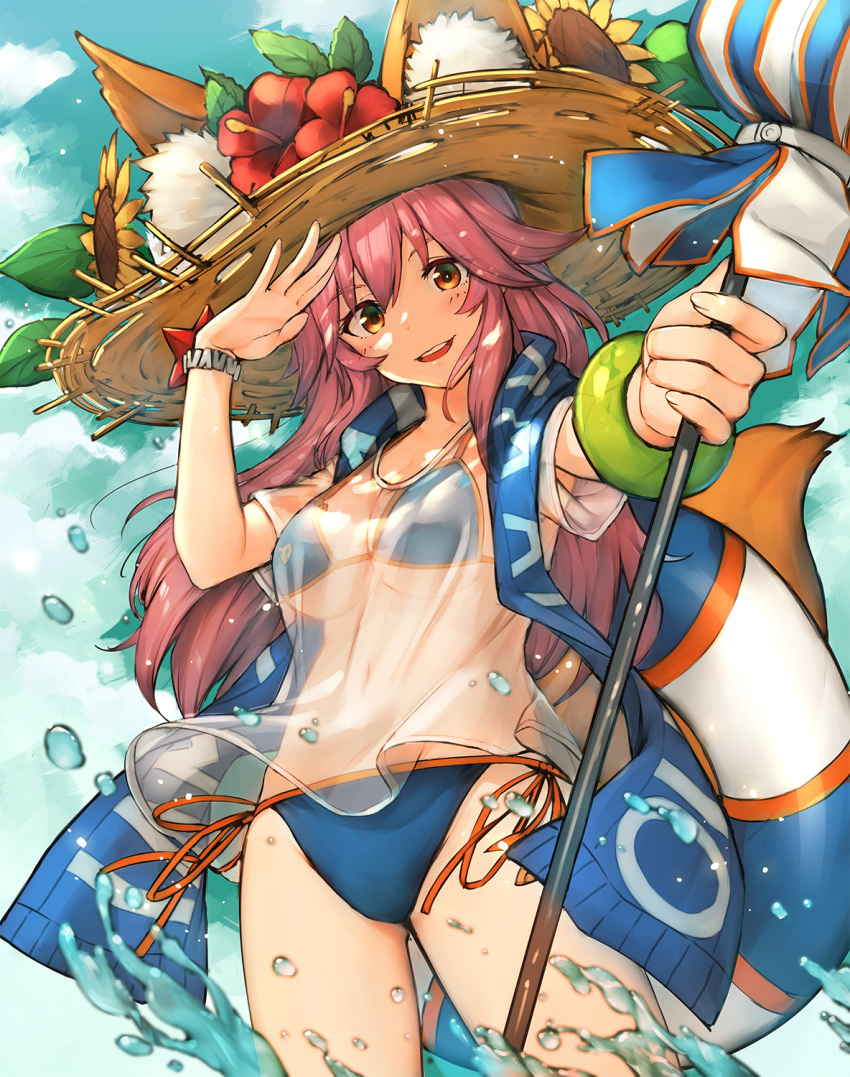 1girl :d bikini blue_bikini blue_sky blush breasts brown_eyes clouds day ears_through_headwear fate/grand_order fate_(series) flower hand_up hat hat_flower highres holding kotoribako large_breasts leaf looking_at_viewer open_mouth outdoors parted_lips pink_hair red_flower salute see-through shirt side-tie_bikini sky smile solo standing straw_hat sunflower swimsuit tamamo_(fate)_(all) tamamo_no_mae_(swimsuit_lancer)_(fate) wading water wristband