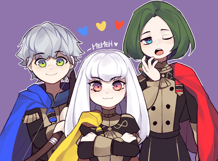 1girl 2boys artist_name ashe_ubert blue_cape bow_(weapon) cape closed_mouth crossed_arms fire_emblem fire_emblem:_three_houses garreg_mach_monastery_uniform green_eyes green_hair grey_hair highres holding holding_bow_(weapon) holding_weapon lazymimium linhardt_von_hevring long_hair long_sleeves lysithea_von_ordelia multiple_boys one_eye_closed open_mouth pink_eyes red_cape short_hair simple_background smile uniform upper_body weapon white_hair yellow_cape