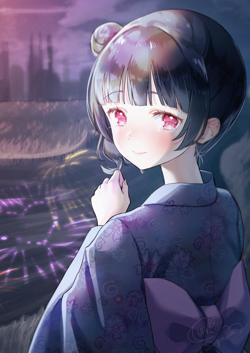 1girl absurdres aerial_fireworks back_bow bangs black_hair blue_kimono blush bow closed_mouth commentary_request crying crying_with_eyes_open evening eyebrows_visible_through_hair fireworks floral_print hair_bun highres huge_filesize japanese_clothes kimono looking_at_viewer looking_back love_live! love_live!_sunshine!! luna_(mi-chanman) outdoors print_kimono purple_bow red_eyes reflection river short_hair side_bun signature skyline smile solo tears tsushima_yoshiko upper_body water