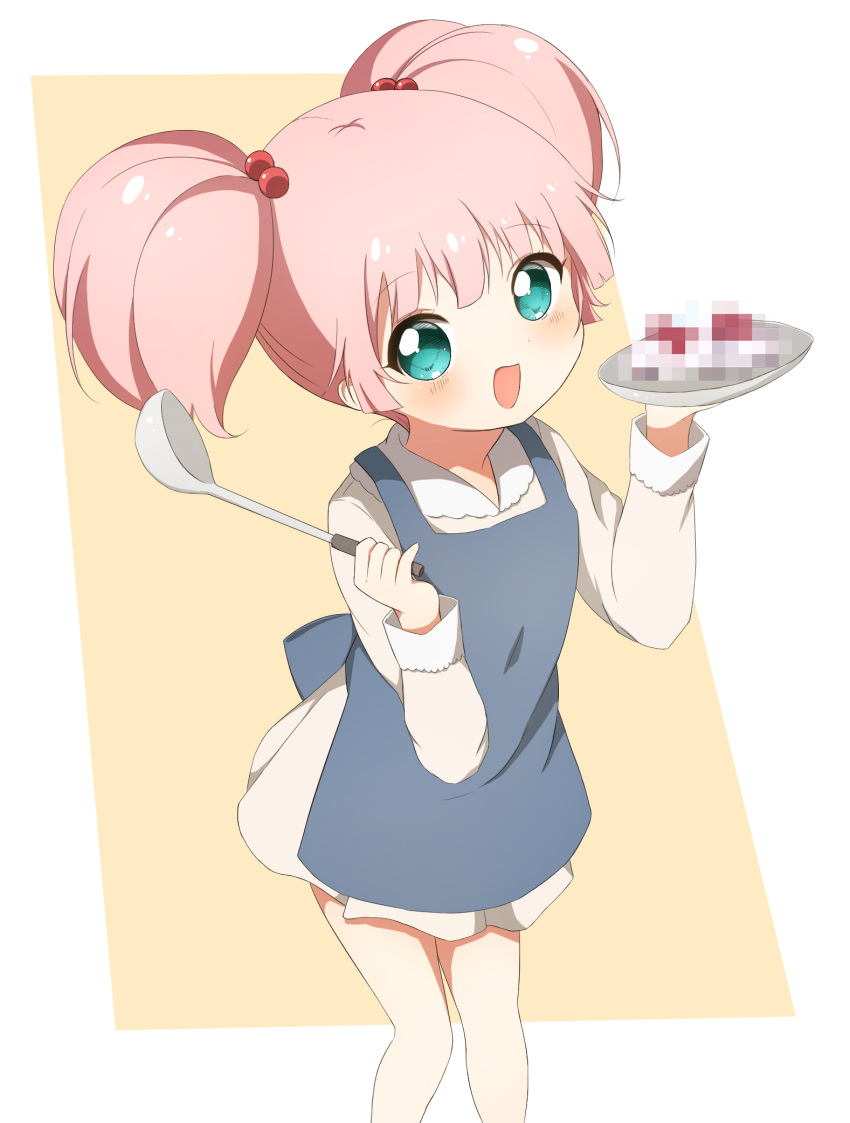 1girl :d apron bangs blue_apron blush censored censored_food commentary dress eyebrows_visible_through_hair green_eyes hair_bobbles hair_ornament highres holding holding_ladle holding_plate ladle looking_at_viewer minatsuki_hitoka mosaic_censoring open_mouth pink_hair plate short_hair smile solo standing twintails two-tone_background white_background yellow_background yoshikawa_chinatsu yuru_yuri