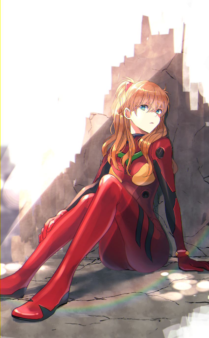 1girl absurdres bangs blue_eyes bodysuit breasts breasts_apart brown_hair eyebrows_visible_through_hair hair_between_eyes headgear highres long_hair looking_at_viewer neon_genesis_evangelion parted_lips plugsuit red_bodysuit shiny shiny_hair small_breasts solo souryuu_asuka_langley sunlight white_background yamamoto_makuya