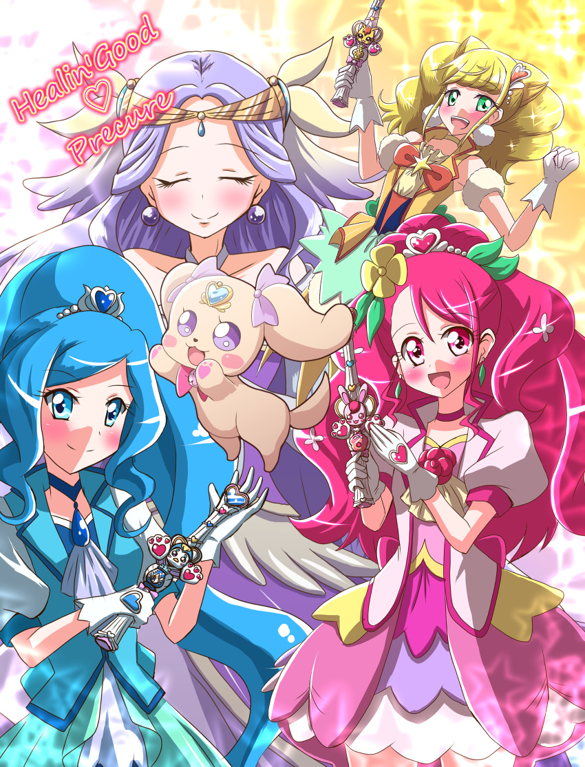 2boys 6+girls absurdres blue_hair colored_pencil_(medium) cure_earth cure_fontaine cure_grace cure_sparkle earrings hanadera_nodoka healin'_good_precure healing_animal healing_wand highres hiramitsu_hinata jewelry kiriu-nagi latte_(precure) multiple_boys multiple_girls nyatoran_(precure) pegitan_(precure) precure purple_hair rabirin_(precure) sawaizumi_chiyu traditional_media