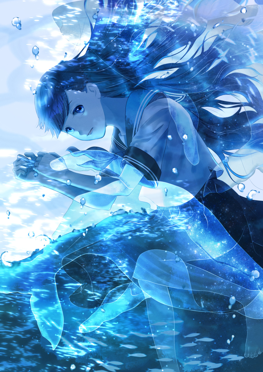 1girl absurdres air_bubble barefoot black_hair blue_eyes blue_theme bubble highres huge_filesize long_hair looking_at_viewer mikan_modoki school_uniform serafuku solo underwater whale