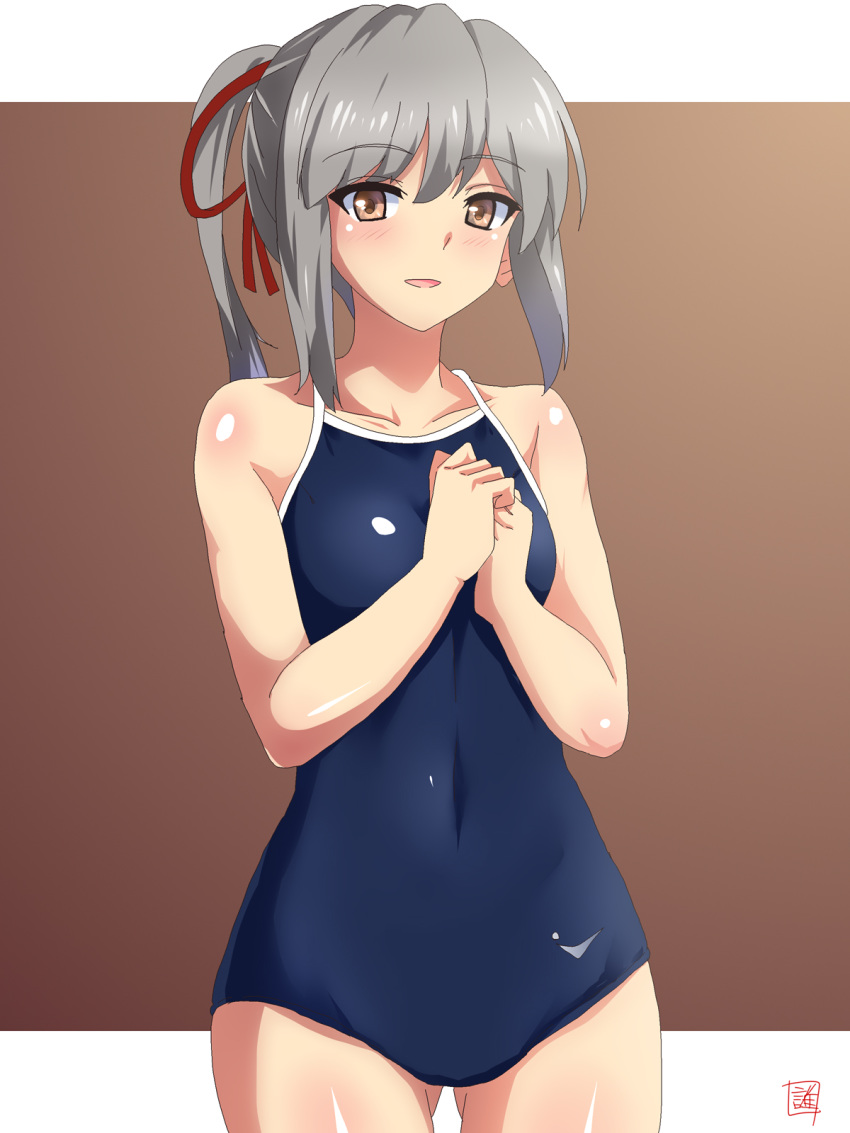 1girl ass_visible_through_thighs blue_swimsuit breasts brown_eyes collarbone commentary_request competition_swimsuit cowboy_shot grey_hair hair_ribbon hands_on_own_chest highres kantai_collection long_hair looking_at_viewer one-piece_swimsuit ponytail red_ribbon ribbon school_swimsuit sebunsu small_breasts smile solo swimsuit usugumo_(kantai_collection)