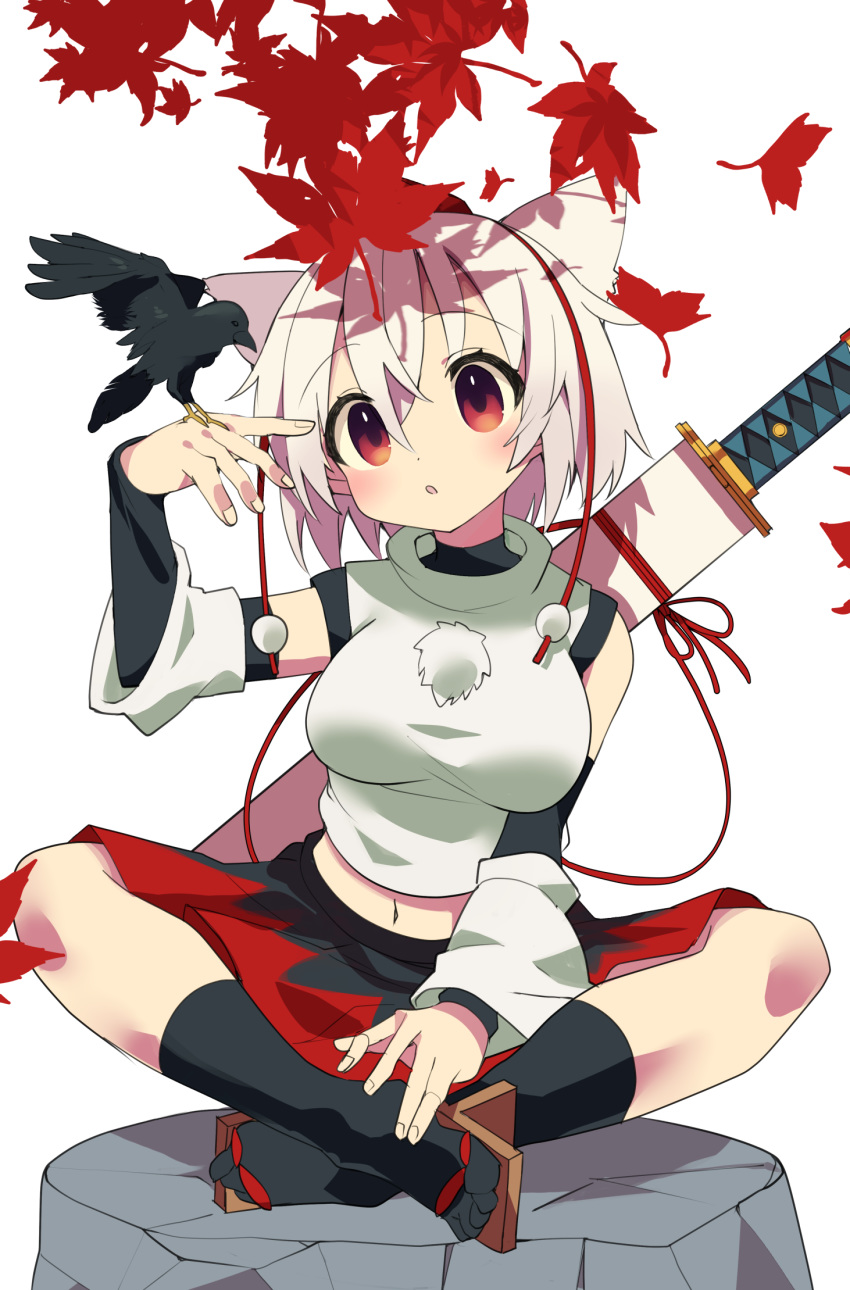 1girl :o animal_ear_fluff animal_ears autumn_leaves bare_shoulders bird black_legwear black_skirt blush breasts bridal_gauntlets commentary_request crow detached_sleeves eyebrows_visible_through_hair geta hand_up hat highres indian_style inubashiri_momiji kneehighs leaf looking_at_viewer maple_leaf medium_breasts midriff navel open_mouth pom_pom_(clothes) red_eyes rock sakaki_(utigi) shirt short_hair silver_hair sitting skirt sleeveless sleeveless_shirt solo tail tengu-geta toes tokin_hat touhou turtleneck white_shirt wolf_ears wolf_tail