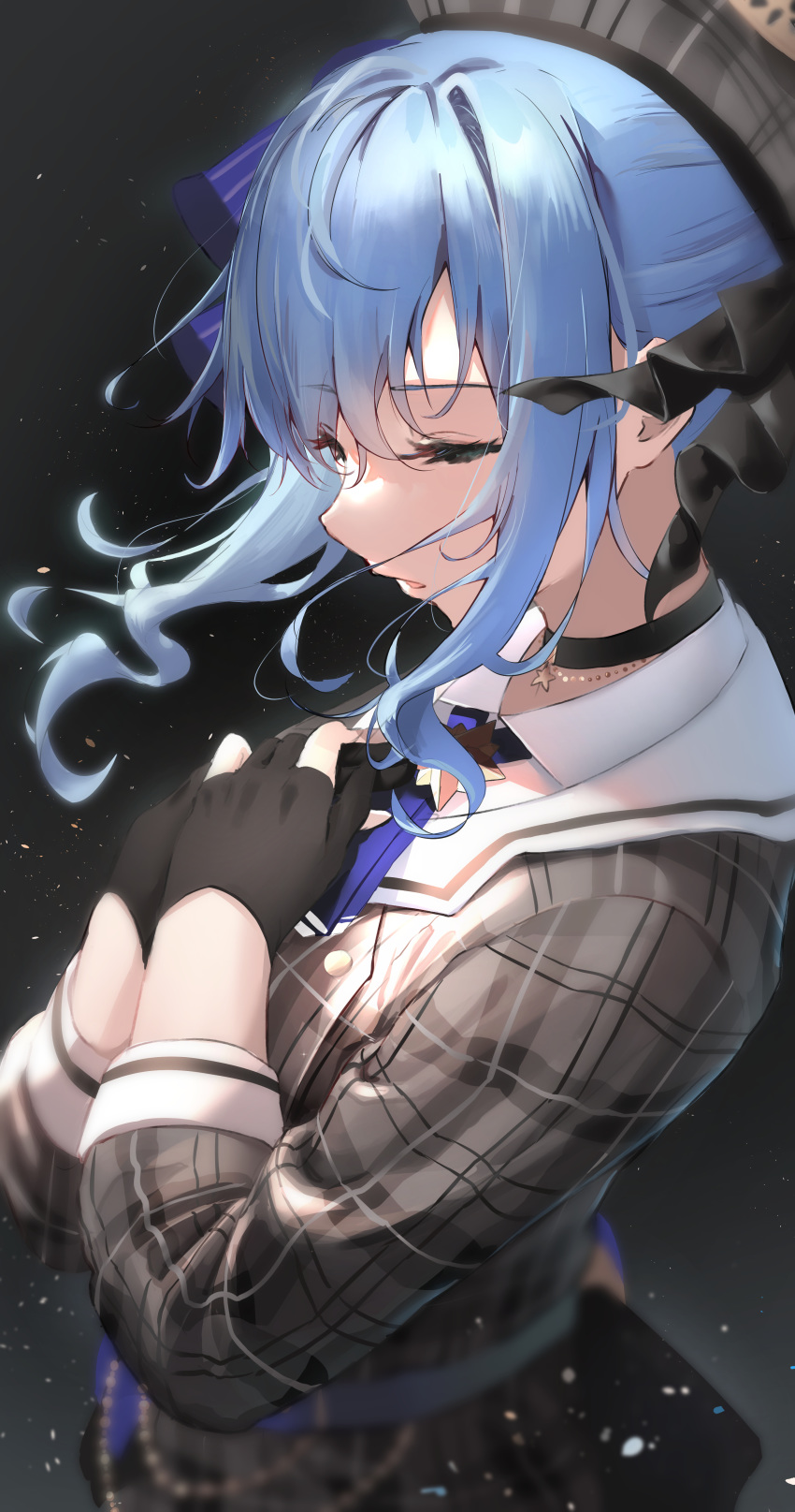 1girl absurdres bangs black_choker black_gloves blue_hair choker collared_shirt commentary_request gloves grey_headwear hair_between_eyes hair_ribbon hands_on_own_chest highres hololive hoshimachi_suisei jewelry kinoruru_toiro looking_down necklace partly_fingerless_gloves plaid_headwear plaid_jacket ribbon shirt sidelocks virtual_youtuber