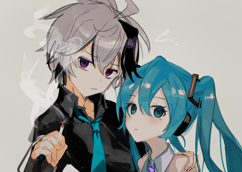 2girls absurdres androgynous aqua_eyes aqua_hair aqua_neckwear bare_shoulders black_shirt cigarette commentary crying crying_with_eyes_open flower_(vocaloid) grey_shirt hair_ornament hand_on_another's_shoulder hatsune_miku headphones highres holding holding_cigarette long_hair looking_at_viewer multicolored_hair multiple_girls necktie note55885 parted_lips purple_hair purple_neckwear ringed_eyes shirt short_hair sketch sleeveless sleeveless_shirt smoke streaked_hair tears twintails upper_body v_flower_(vocaloid4) violet_eyes vocaloid white_hair
