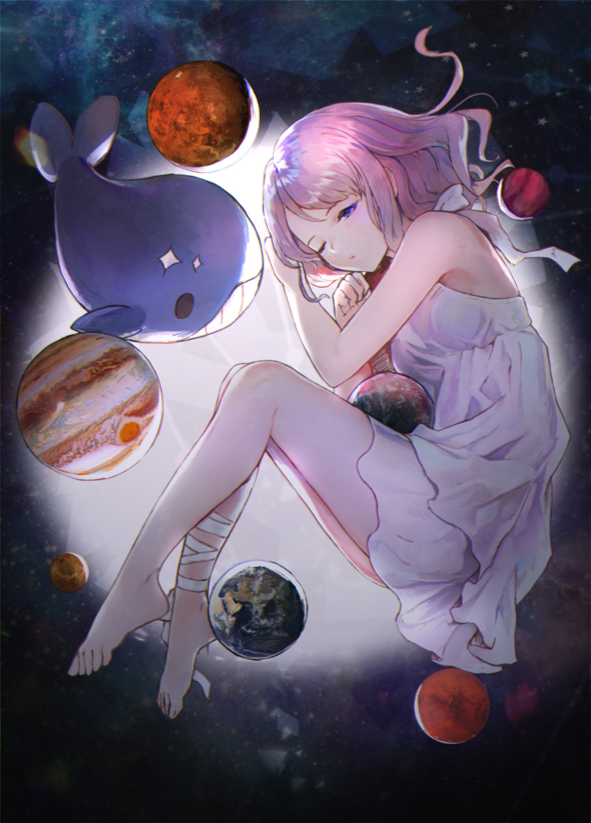 1girl absurdres barefoot blue_eyes dress earth highres huge_filesize jupiter_(planet) mars_(planet) one_eye_closed original pink_hair planet space whale white_dress y.i._(lave2217)