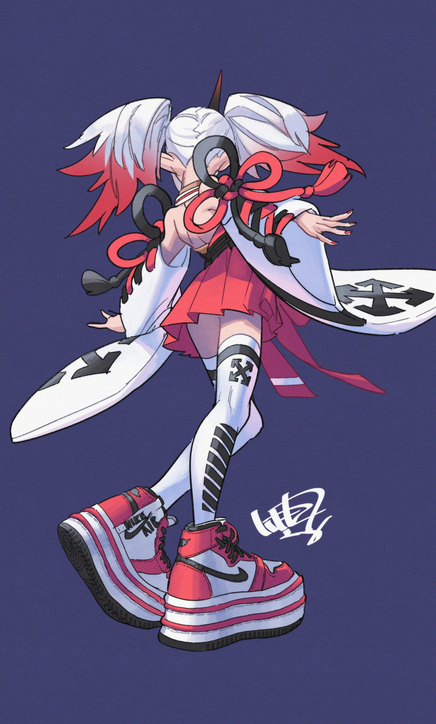 1girl absurdres air_jordan air_jordan_1 back detached_sleeves from_behind gekitetsu gradient_hair highres horns multicolored_hair nike off-white_(brand) open_hands original pumps red_nails single_horn solo thigh-highs twintails wide_sleeves