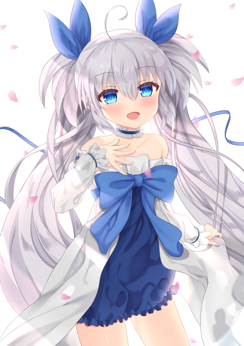 1girl ahoge bare_shoulders blue_eyes blush choker copyright_request dress eyebrows_visible_through_hair hair_ribbon hand_up highres hiyada_yuu long_hair looking_at_viewer open_mouth petals ribbon silver_hair simple_background smile solo twintails very_long_hair white_background