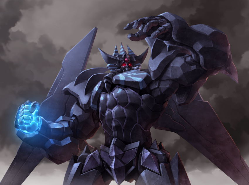 arm_up clenched_hand clouds commentary cowboy_shot dark_clouds dark_sky duel_monster glowing glowing_eyes glowing_fist highres monster no_humans obelisk_the_tormentor open_hand overcast red_eyes shoulder_spikes solo spikes taedu teeth yuu-gi-ou yuu-gi-ou_the_dark_side_of_dimensions