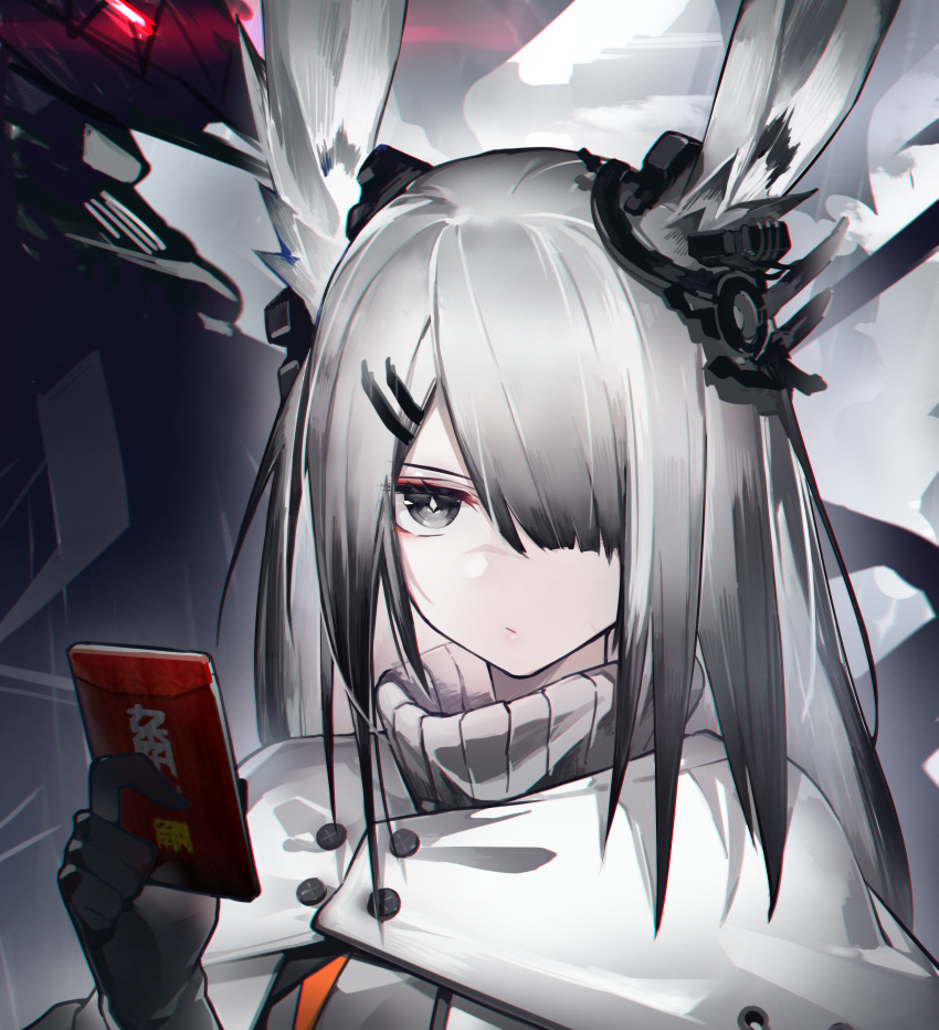 1boy 1girl absurdres animal_ears arknights bangs black_gloves commentary_request father_and_daughter frostnova_(arknights) gloves grey_eyes hair_over_one_eye highres holding long_hair patriot_(arknights) qiongniaofeiyu rabbit_ears silver_hair turtleneck upper_body