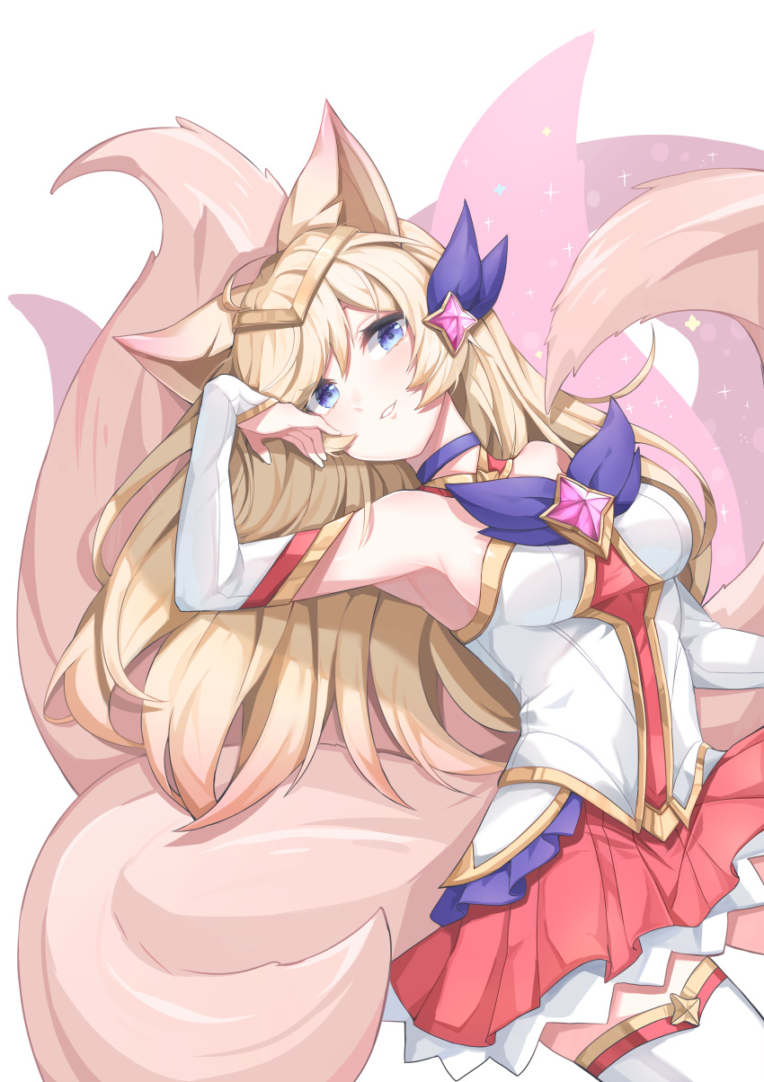 1girl absurdres ahri animal_ears arm_up bare_shoulders blue_choker blue_eyes blush choker circlet detached_sleeves extra_tails eyes_visible_through_hair fox_ears hair_between_eyes highres kitsune league_of_legends parted_lips red_skirt simple_background skirt smile solo sparkle star_guardian_(league_of_legends) star_guardian_ahri tail thigh-highs wang0424 white_background white_legwear