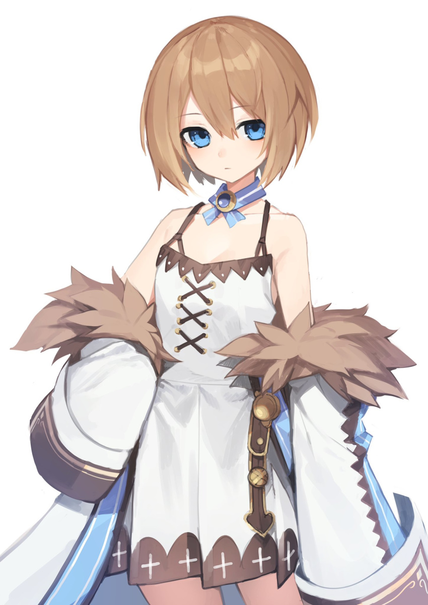 1girl bare_shoulders blanc blue_eyes blush brown_hair buran_buta coat dress flat_chest fur-trimmed_coat fur_trim hair_between_eyes highres looking_at_viewer neptune_(series) ribbon short_hair simple_background solo spaghetti_strap white_background white_coat white_dress white_ribbon