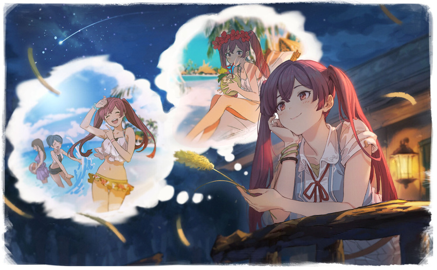 bangs bare_legs bare_shoulders brown_eyes character_request drinking eyebrows granblue_fantasy hair_ornament holding multiple_girls navel official_art smile solo_focus swimsuit twintails