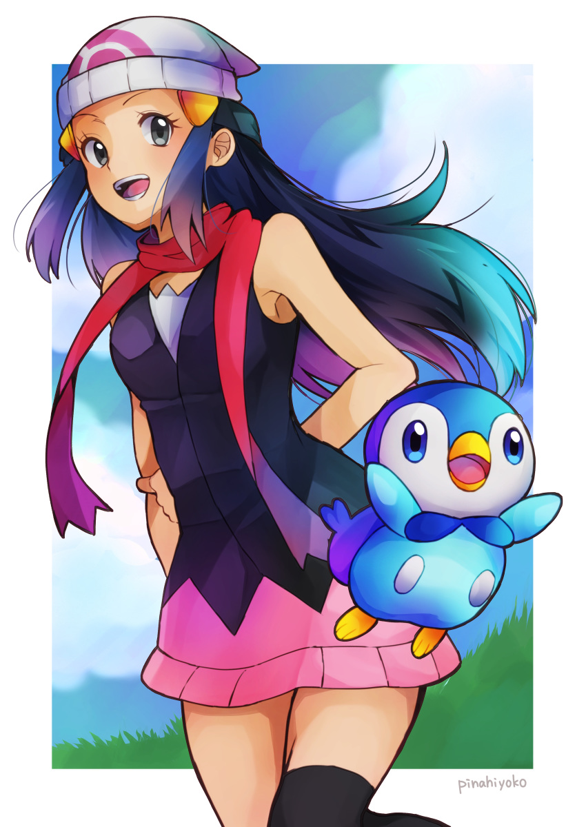 1girl :d absurdres arms_behind_back artist_name black_legwear black_shirt blue_hair breasts floating_hair gen_4_pokemon gradient_hair grey_eyes hair_ornament hairclip hat highres hikari_(pokemon) kowanayasa_mononoke long_hair looking_at_viewer miniskirt multicolored_hair open_mouth pink_skirt piplup pokemon pokemon_(creature) pokemon_(game) pokemon_dppt print_headwear purple_hair red_scarf scarf shirt skirt sleeveless sleeveless_shirt small_breasts smile solo standing starter_pokemon thigh-highs very_long_hair white_headwear zettai_ryouiki