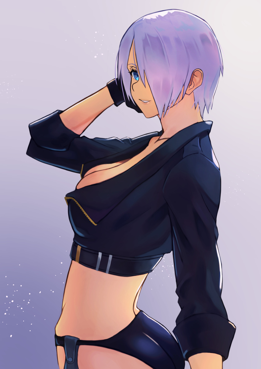 1girl absurdres angel_(kof) ass blue_eyes breasts cropped_jacket hand_in_hair highres one_eye_covered pkenshiq short_hair solo the_king_of_fighters white_hair