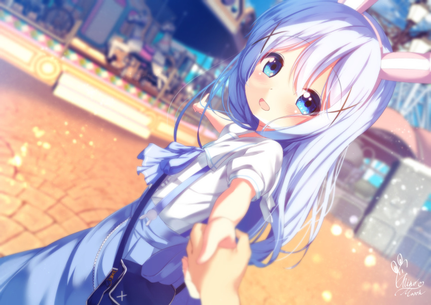 1girl :d amusement_park animal_ears bangs blue_bow blue_eyes blue_hair blue_skirt blurry blurry_background blush bow chinomaron commentary_request depth_of_field eyebrows_visible_through_hair fake_animal_ears gochuumon_wa_usagi_desu_ka? hair_between_eyes hair_ornament hairband holding_hands kafuu_chino long_hair looking_at_viewer looking_back open_mouth outstretched_arm pink_hairband pointing pov rabbit_ears sailor_collar shirt short_sleeves signature skirt smile solo_focus suspender_skirt suspenders very_long_hair white_sailor_collar white_shirt x_hair_ornament