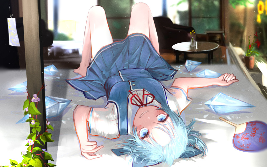 1girl absurdres arm_at_side bangs blue_bow blue_dress blue_eyes blue_hair blurry blurry_background blush bottle bow buttons cirno coffee_table commentary_request couch day dress dress_shirt fan flower glowing glowing_wings hair_bow hand_up highres huge_filesize ice ice_wings interior ivy looking_at_viewer lying on_back on_floor pink_flower plant pleated_dress potted_plant red_flower red_ribbon ribbon shirt short_hair smile solo sunflower teeth touhou uniuni_nurunuru upside-down white_shirt wide_sleeves wings yellow_flower