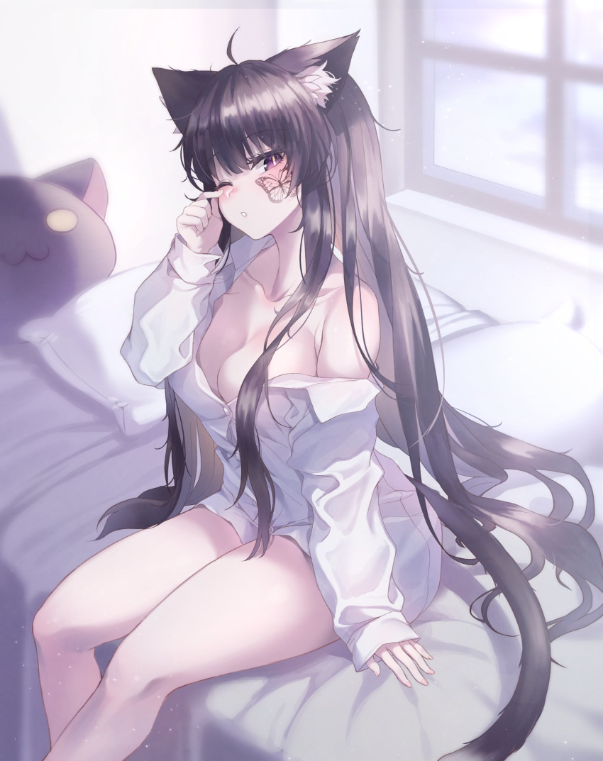 1girl ahoge animal_ears bangs bed black_hair blush borrowed_character bottomless breasts butterfly_tattoo cat_ears cat_tail collarbone dress_shirt head_tilt highres indoors jingo large_breasts long_hair long_sleeves looking_at_viewer naked_shirt no_bra off_shoulder original parted_lips shirt sitting solo sul-lin-a tail tattoo violet_eyes waking_up white_shirt